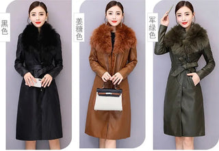 Women's Leather Velvet Warm Slim Big Fur Collar Long Leather Coat Alodia Store