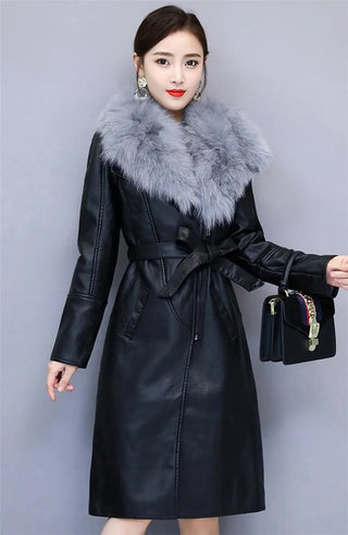 Women's Leather Velvet Warm Slim Big Fur Collar Long Leather Coat Alodia Store