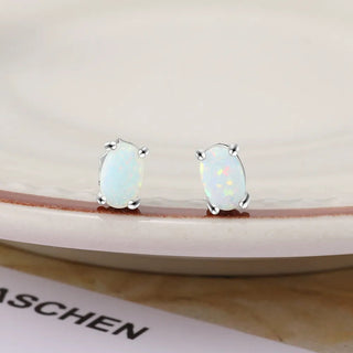 Sterling Silver Stud Earrings for Women Cute 4mm Created Oval White Pink Blue Fire Opal Earrings Alodia Store