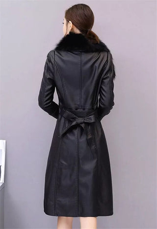 Women's Leather Velvet Warm Slim Big Fur Collar Long Leather Coat Alodia Store