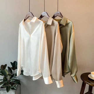 Satin Shirt Womens Clothing Silk Shirts Ovearsized Vintage Blouse Office Lady Sheer Top Longsleeve Dress Shirt Ladies Overshirt Alodia Store