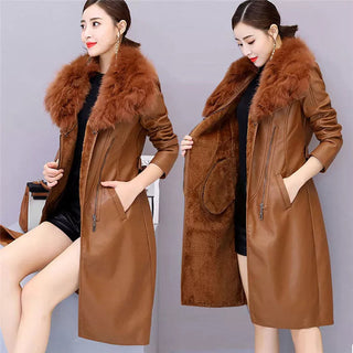 Women's Leather Velvet Warm Slim Big Fur Collar Long Leather Coat Alodia Store