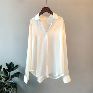 Satin Shirt Womens Clothing Silk Shirts Ovearsized Vintage Blouse Office Lady Sheer Top Longsleeve Dress Shirt Ladies Overshirt Alodia Store