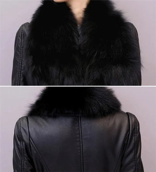 Women's Leather Velvet Warm Slim Big Fur Collar Long Leather Coat Alodia Store
