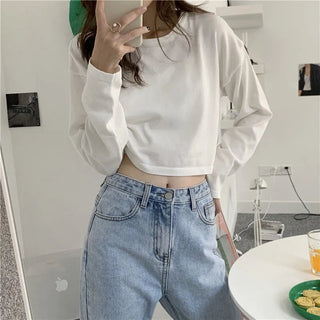 Candy Colors Loose Long Sleeve T-shirts Women Spring Daily Student All-match Casual Streetwear Short Style Tops Basic Undershirt Alodia Store