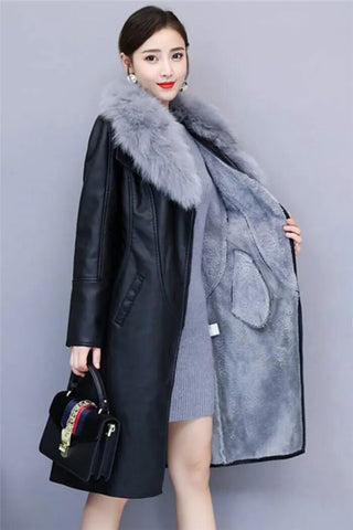 Women's Leather Velvet Warm Slim Big Fur Collar Long Leather Coat Alodia Store