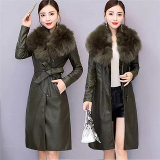 Women's Leather Velvet Warm Slim Big Fur Collar Long Leather Coat Alodia Store