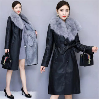 Women's Leather Velvet Warm Slim Big Fur Collar Long Leather Coat Alodia Store