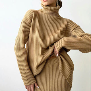 New Casual Two Pieces Turtle Neck Sweater and Midi Skirt Female Warm Suits with Skirt Alodia Store