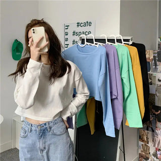 Candy Colors Loose Long Sleeve T-shirts Women Spring Daily Student All-match Casual Streetwear Short Style Tops Basic Undershirt Alodia Store