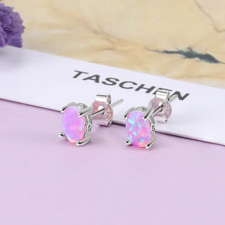Sterling Silver Stud Earrings for Women Cute 4mm Created Oval White Pink Blue Fire Opal Earrings Alodia Store