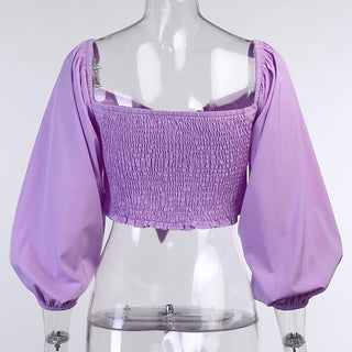 CNYISHE Solid Lantern Sleeve Cropped Shirts Blusas alodia store