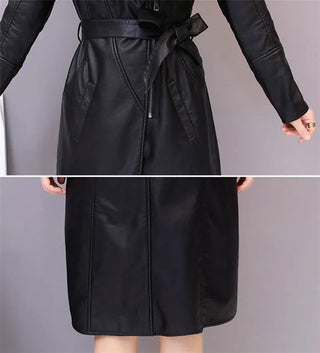 Women's Leather Velvet Warm Slim Big Fur Collar Long Leather Coat Alodia Store