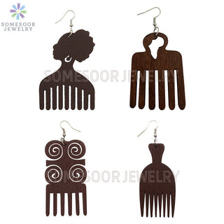 SOMESOOR 4 Styles Colorful African Comb Wooden Drop Earrings Engraved Afrocentric Ethnic Wood Dangle Jewelry For Women Gifts Alodia Store