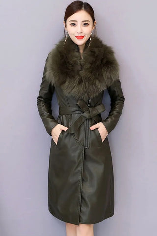 Women's Leather Velvet Warm Slim Big Fur Collar Long Leather Coat Alodia Store