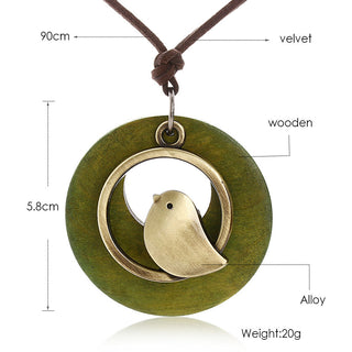 Vintage Wooden Bird Pendant Necklaces Boho Ethnic Style Metal Hollow Necklaces Retro Long Sweater Chain Rope Jewelry for Women Alodia Store