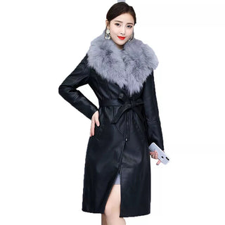 Women's Leather Velvet Warm Slim Big Fur Collar Long Leather Coat Alodia Store
