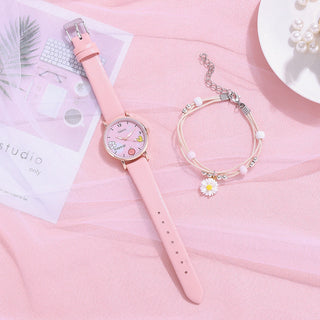 Kids Watches Pink Cute Children's Wristwatch Cartoon Pattern Quartz Watch Set For Girls Fashion Students' Clock relogio infantil Alodia Store
