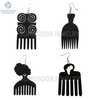 SOMESOOR 4 Styles Colorful African Comb Wooden Drop Earrings Engraved Afrocentric Ethnic Wood Dangle Jewelry For Women Gifts Alodia Store