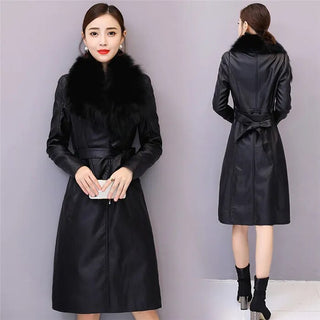 Women's Leather Velvet Warm Slim Big Fur Collar Long Leather Coat Alodia Store
