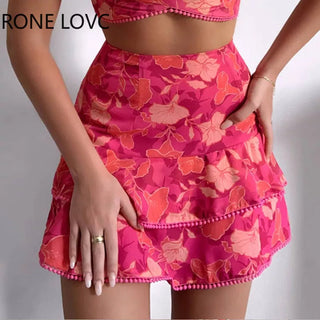 Women Floral Print Pom Pom Ruffles Top & Layered Skirt set Casual 2 Pieces Set Alodia Store