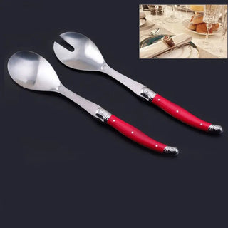 2pcs 10'' Red Salad Spoon set Laguiole Stainless steel Spoon Western Dinnerware Black ABS Handle Party Cake Dessert Tool Kitchen Alodia Store