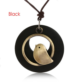 Vintage Wooden Bird Pendant Necklaces Boho Ethnic Style Metal Hollow Necklaces Retro Long Sweater Chain Rope Jewelry for Women Alodia Store
