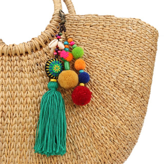 1pc Flower Charms Keychains Wooden Beads With Pompom Keyring Colorful Jewelry Boho Style Alodia Store