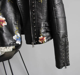 Ftlzz Women Floral Print Embroidery Faux Soft Leather Jacket Coat Alodia Store