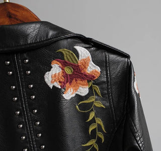 Ftlzz Women Floral Print Embroidery Faux Soft Leather Jacket Coat Alodia Store