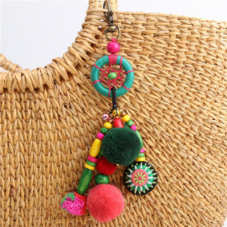 1pc Flower Charms Keychains Wooden Beads With Pompom Keyring Colorful Jewelry Boho Style Alodia Store