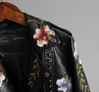 Ftlzz Women Floral Print Embroidery Faux Soft Leather Jacket Coat Alodia Store
