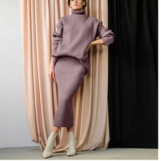 New Casual Two Pieces Turtle Neck Sweater and Midi Skirt Female Warm Suits with Skirt Alodia Store