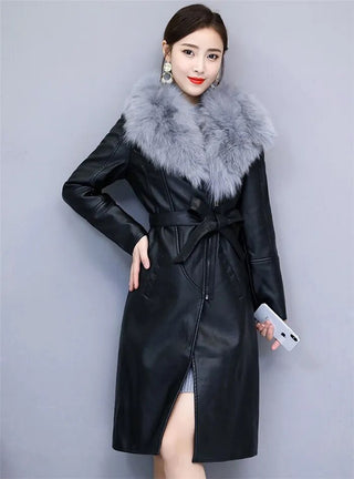 Women's Leather Velvet Warm Slim Big Fur Collar Long Leather Coat Alodia Store