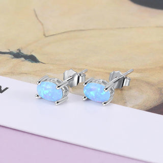 Sterling Silver Stud Earrings for Women Cute 4mm Created Oval White Pink Blue Fire Opal Earrings Alodia Store