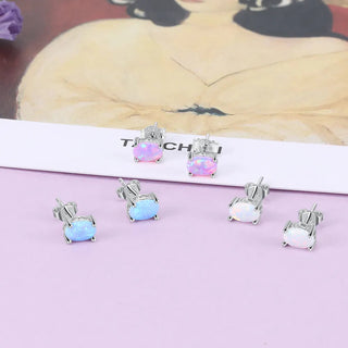 Sterling Silver Stud Earrings for Women Cute 4mm Created Oval White Pink Blue Fire Opal Earrings Alodia Store