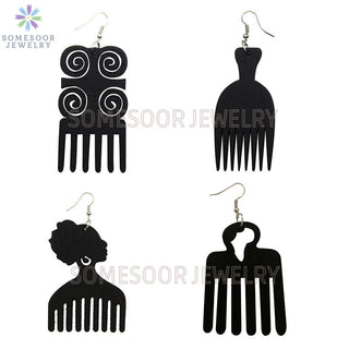 SOMESOOR 4 Styles Colorful African Comb Wooden Drop Earrings Engraved Afrocentric Ethnic Wood Dangle Jewelry For Women Gifts Alodia Store