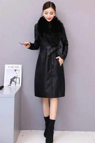 Women's Leather Velvet Warm Slim Big Fur Collar Long Leather Coat Alodia Store