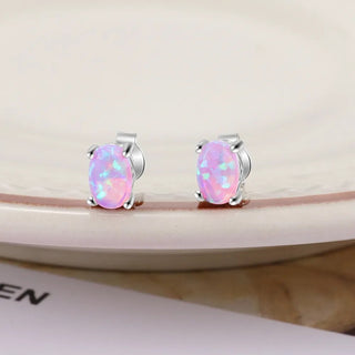 Sterling Silver Stud Earrings for Women Cute 4mm Created Oval White Pink Blue Fire Opal Earrings Alodia Store