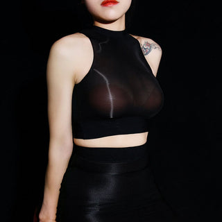 Oil Glossy Shiny Sleeveless Bustier Crop Top Women Sexy Nylons Tank Tops Cropped Feminino Croptop See Through Transparent Camis alodia store