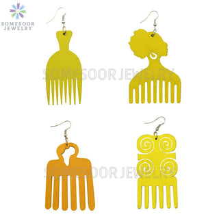 SOMESOOR 4 Styles Colorful African Comb Wooden Drop Earrings Engraved Afrocentric Ethnic Wood Dangle Jewelry For Women Gifts Alodia Store