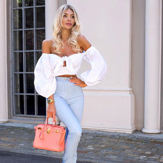 CNYISHE Solid Lantern Sleeve Cropped Shirts Blusas alodia store
