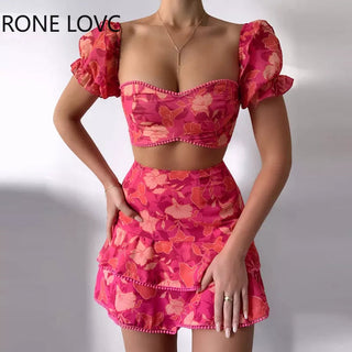 Women Floral Print Pom Pom Ruffles Top & Layered Skirt set Casual 2 Pieces Set Alodia Store