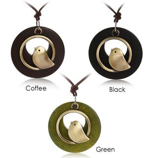 Vintage Wooden Bird Pendant Necklaces Boho Ethnic Style Metal Hollow Necklaces Retro Long Sweater Chain Rope Jewelry for Women Alodia Store