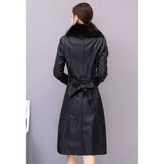 Women's Leather Velvet Warm Slim Big Fur Collar Long Leather Coat Alodia Store