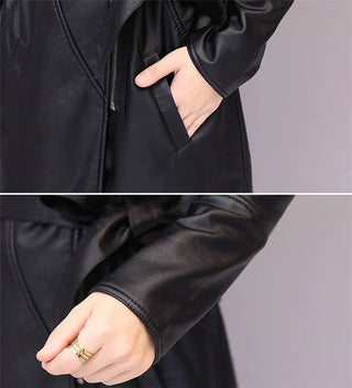 Women's Leather Velvet Warm Slim Big Fur Collar Long Leather Coat Alodia Store