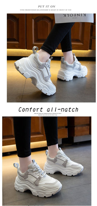 Women Sneakers Fashion Chunky Shoes Thick Sole Female Mesh Lace Up Platform Vulcanize Shoes Casual Footwear White Walking Shoes alodia store