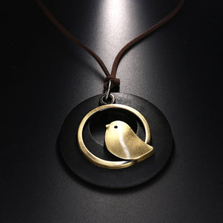 Vintage Wooden Bird Pendant Necklaces Boho Ethnic Style Metal Hollow Necklaces Retro Long Sweater Chain Rope Jewelry for Women Alodia Store