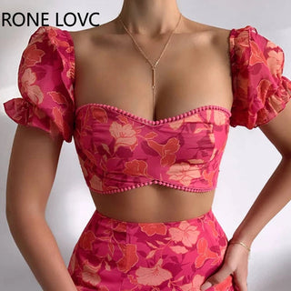 Women Floral Print Pom Pom Ruffles Top & Layered Skirt set Casual 2 Pieces Set Alodia Store