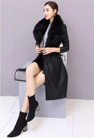 Women's Leather Velvet Warm Slim Big Fur Collar Long Leather Coat Alodia Store